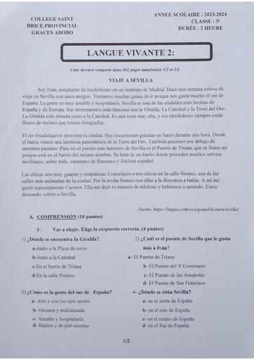Compo de fin de trimestre Nov2023 Espagnol 3ieme C le PROVINCIAL by Tehua