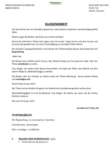 Devoir d'Allemand Terminale A Groupe Scolaire Pingouins