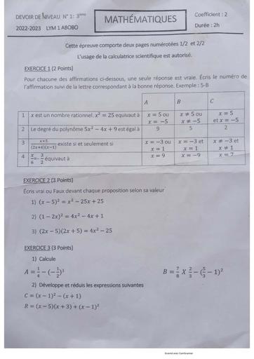 Devoir de Maths N°1 classe 3ieme Lym1 Abobo by Tehua.pdf