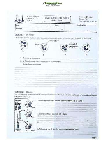 Sujet de SVT Terminale D Lycée Classique Abidjan 2022