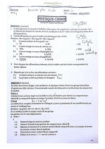 Sujet de Physique-Chimie Première C Lycée Classique Abidjan 2023