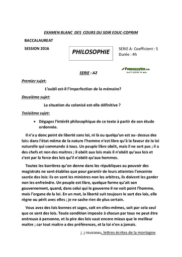 Sujet de Philosophie BAC blanc serie A2 2016- Cours du soir Educ-Coprim