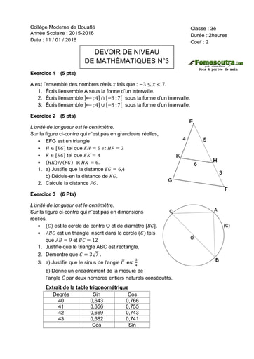 Devoir de Maths niveau 3eme - Collège Moderne de Bouaflé