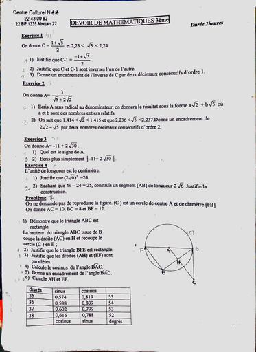 DEVOIR DE MATHÉMATIQUES NIVEAU 3e CENTRE CULTUREL NIERE