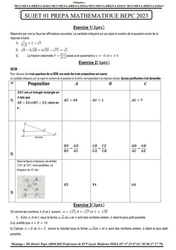 DOCUMENT Sujets PREPA BEPC MATHS 2023 by Tehua