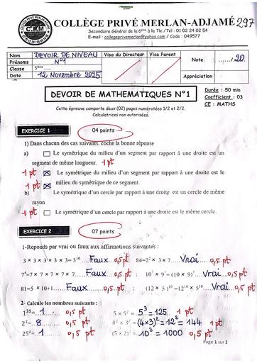 Barème du Devoir de Niveau de maths N°1 (Merlan) niveau 5ieme du 12 Novembre 2025 by TEHUA