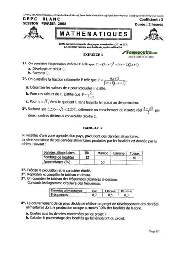 Sujet corrigé de Maths BEPC blanc 2008 Lycée Sainte Marie de Cocody