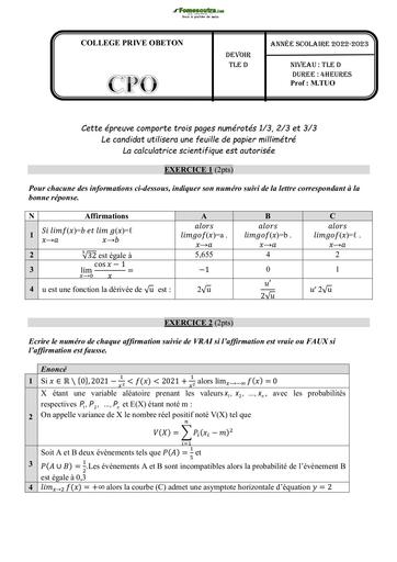 DEVOIR TD COLLEGE PRIVE OBETON