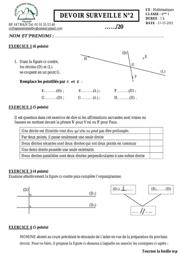 DEVOIR MATHS 6ème DROITES ET POINTS