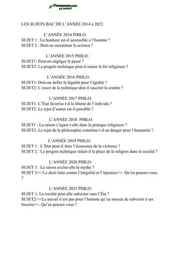 LES SUJETS PHILO BAC DE 2014 à 2021 BY TEHUA