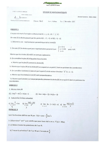 Sujet de Mathématique Terminale C Lycée Classique Abidjan 21-22