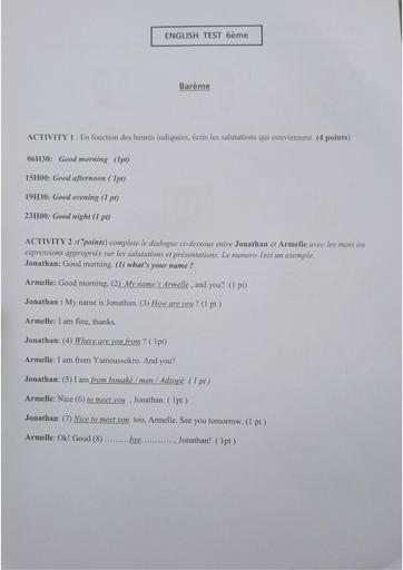 Barême anglais 6ieme essai 2023 provincial by Tehua