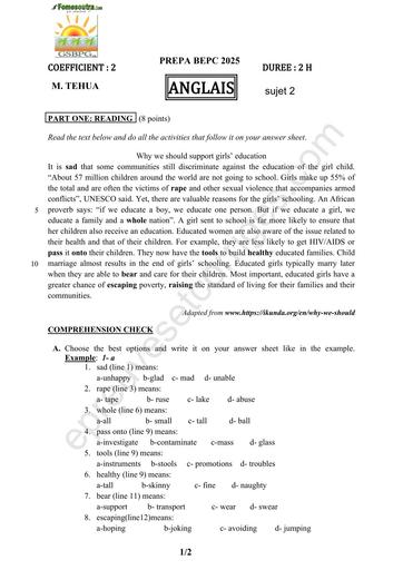 PREPA BEPC 2025 ANGLAIS FICHE 2 BY TEHUA
