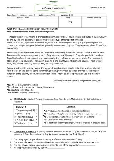 ENGLISH TEST 4ième CM D'ALLOSSO 2025 BY TEHUA