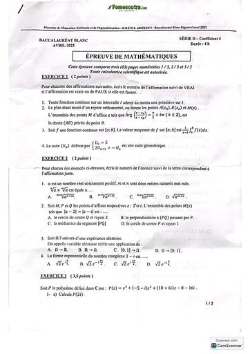 Bac blanc régional 2025 dren Abidjan 4 MATHS SERIE D SUJET BY TEHUA