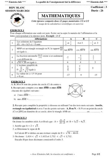 Bepc blanc 2024 Maths Einstein club 2024 by Tehua