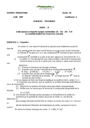 Sujet de Physique-Chimie 1 ère D examen Probatoire 1987
