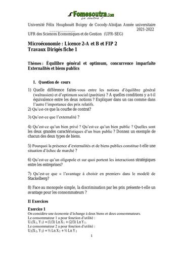 Ufhb de Cocody Ufr SEG Concurrence imparfaite MICRO II TD 1 2021 2022 étudiant by TEHUA