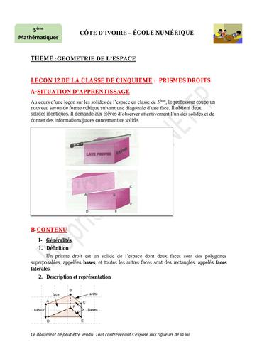 MATH 5ème leçon 12 PRISMES DROITS