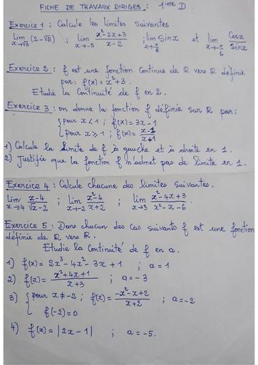 Fiche de TD Maths 1iere D limites et continuité 2023 by Tehua