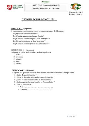 DEVOIR D’ESPAGNOLN°1 2nde A&C INSTITUT GIOVANNI BIFFI Octobre 2025 by TEHUA by TEHUA