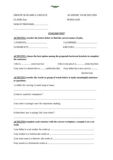 DEVOIR D'ANGLAIS NIVEAU 5ième 2026 unit 4 by TEHUA