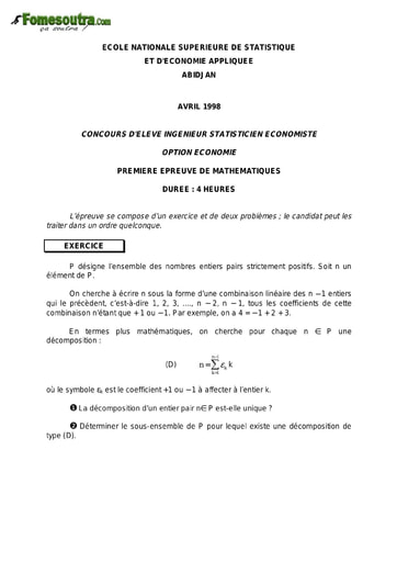 Sujet 1ère épreuve de maths ISE option économie 1998 (ENSEA)