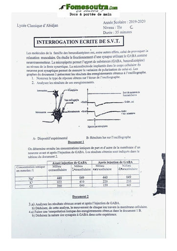 Sujet de SVT Terminale C 2019 Lycée Classique Abidjan