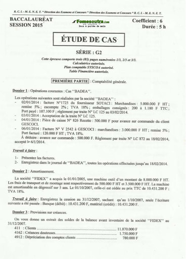 Sujet corrigé d'étude de Cas BAC G2 2015