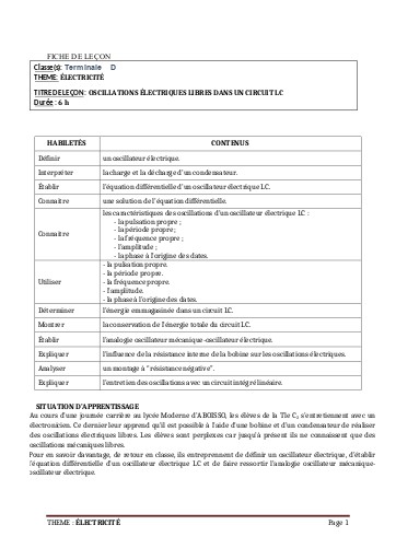 FICHE DE COURS PC Tle D L10 OSCILLATION  LIBRE by TEHUA
