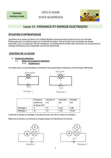 Puissance et énergie électriques - Cours de Physique 3eme