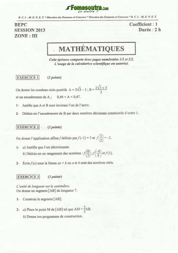 Sujet de mathématique BEPC 2013 Zone 3