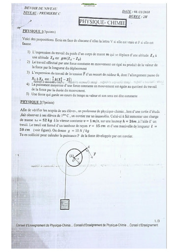 Sujet de Physique-Chimie Première C Lycée Classique Abidjan 2018