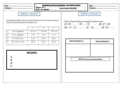 Interrogation commune MATHS 3ième 19 février 2024 By Tehua