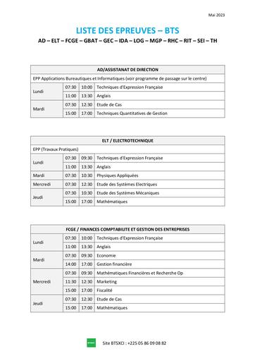 LISTE DES EPREUVES BTS 2023