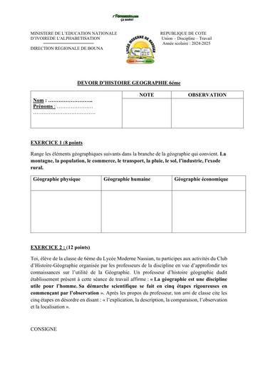 DEVOIR D'HG NIVEAU 6ième BOUNA 2024 BY TEHUA