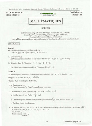 Sujet corrigé et barème de Maths BAC D 2015