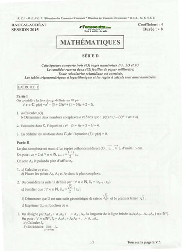 Sujet corrigé et barème de Maths BAC D 2015