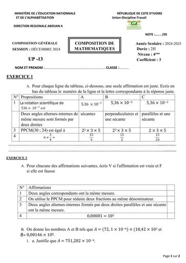 DEVOIR N°1 MATHS 4ieme UP13 2024 BY TEHUA