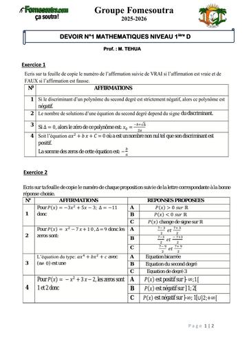 DEVOIR N°1 MATHEMATIQUES NIVEAU 1ière D OCTOBRE 2025 by Tehua