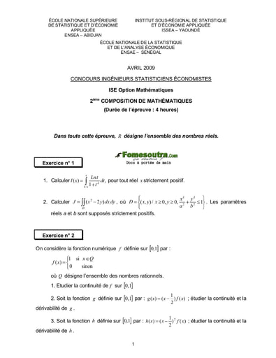 Sujet 2ème épreuve de maths ISE option maths 2009 (ENSEA - ISSEA - ENSAE)