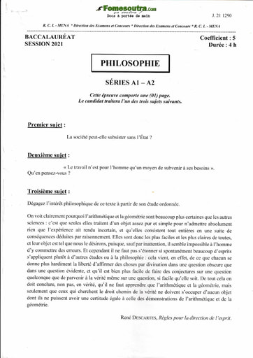 Sujet corrigé et barème de Philosophie BAC A1 A2 2021