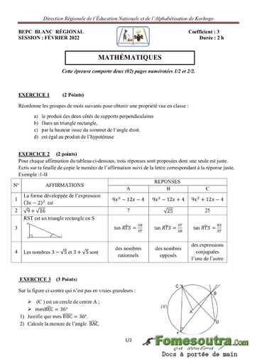 Tous les sujets du BEPC blanc Direction Régionale Korhogo - Session Février 2022