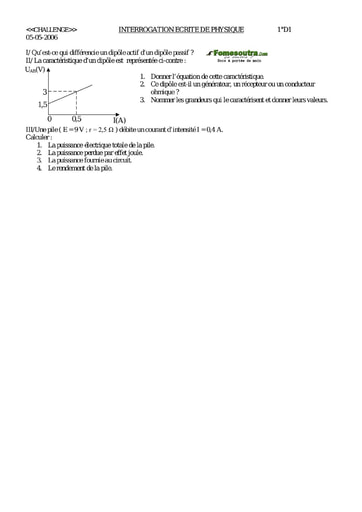 Interrogation (1) de Physique - 1ere D