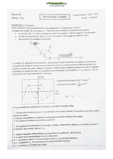 Sujet de Physique Terminale C Lycée Classique Abidjan 2021-2022