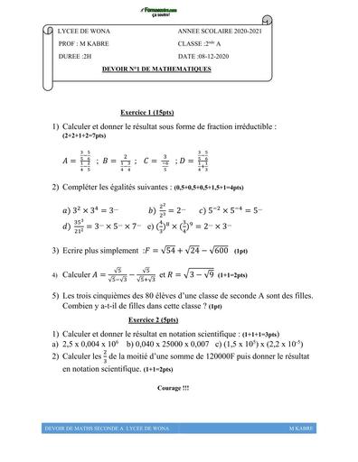 DEVOIR DE maths NIVEAU 2nde A LYCEE DE WONA 2021 BY TEHUA