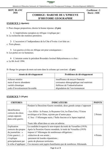 BEPC BLANC MARS 2026 DRENA ABIDJAN 4 SUJET HISTOIRE GEOGRAPHIE (BAREME) by TEHUA