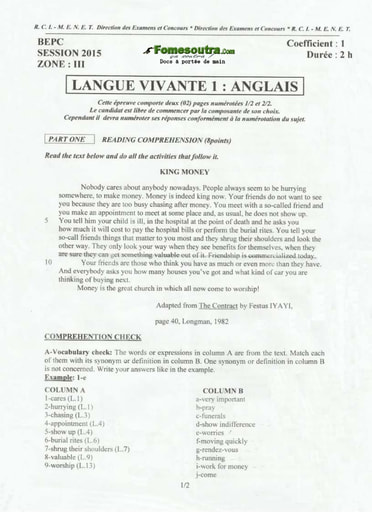 Sujet anglais BEPC 2015 Zone 3
