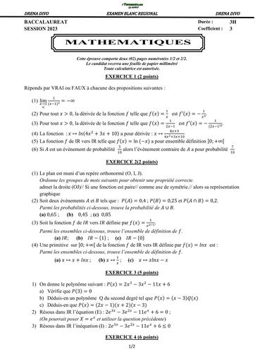 BAC BLANC 2023 SUJET DE MATHS SERIE A1 DRENA DIVO BY TEHUA