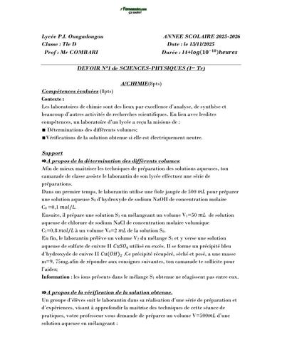 DEVOIR DE PC Tle D Lycée de OUAGA by TEHUA